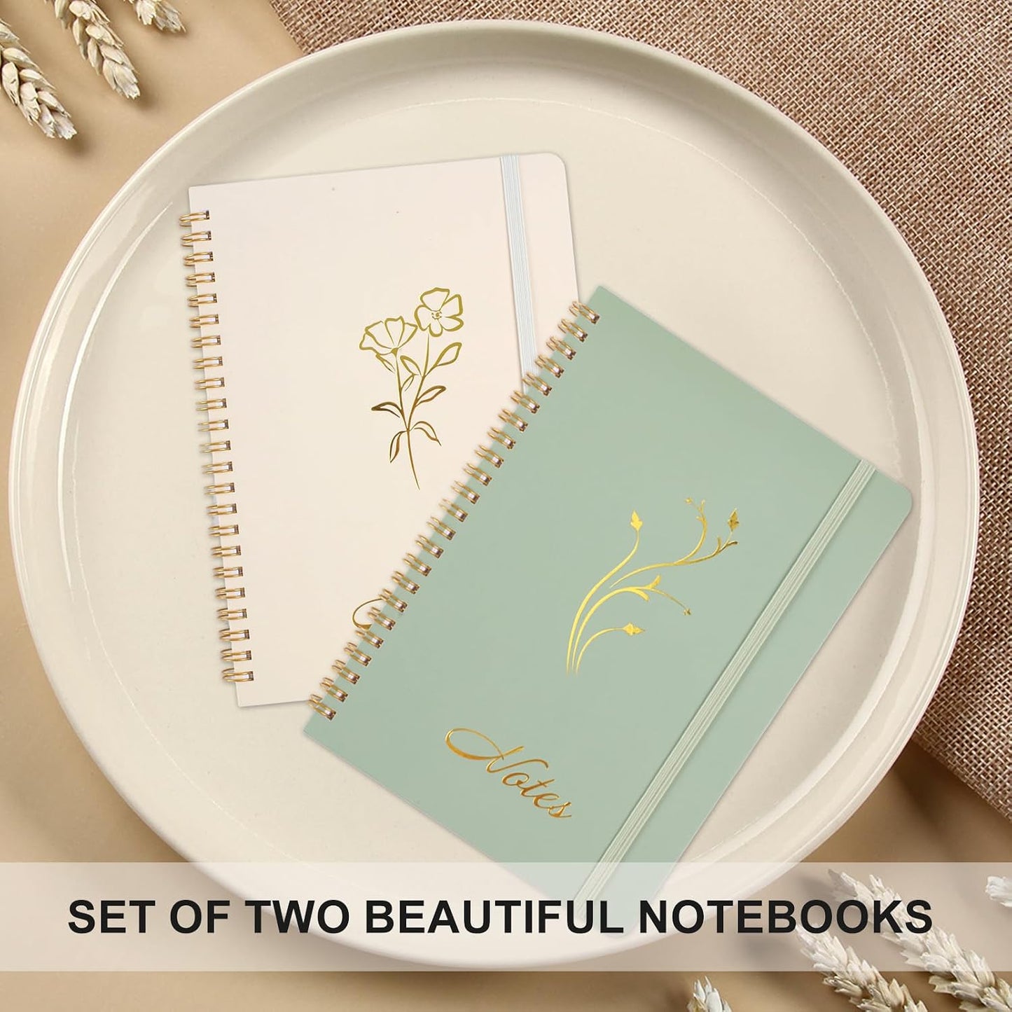 Aesthetic Spiral Notebook, 2PCS Cute Notebook, 8.3" X 6" Notebook for Women, A5 Spiral Journal Notebook for Office/School/Home (Green & Beige)