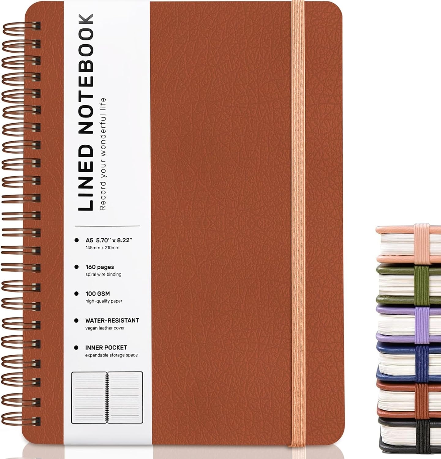 Lined Spiral Journal Notebook with 160 Pages, 8×5.7In, A5 Spiral Notebook, Journaling Notebooks for Work, School, Women, Men, College Ruled Spiral Notebook, Hardcover Leather Journals, Brown