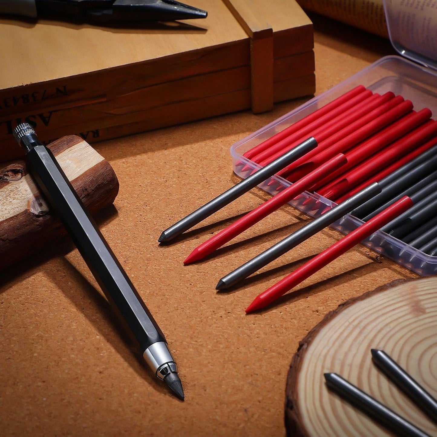 36 Pcs 5.6 MM Lead Holder Mechanical Pencil and Refills with 1 Automatic Clutch Graphite Pencil 18 Black and 18 Red Replacement for Construction, Draft Drawing, Crafting, Art Sketching, Wood Working