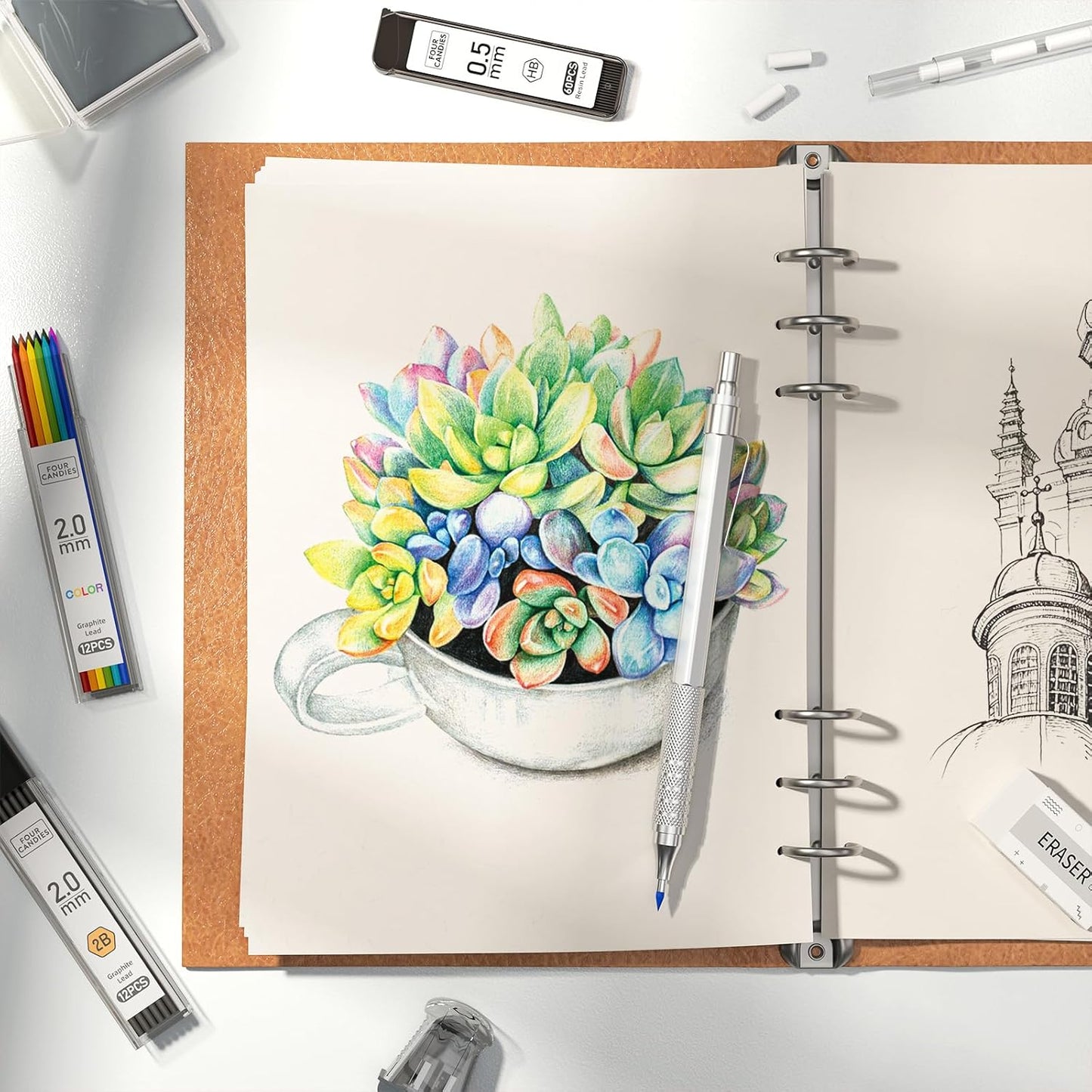 Metal Mechanical Pencil Set, 3PCS Art Drafting Pencils 0.5, 0.7, 0.9MM & 2PCS 2MM Mechanical Drawing Pencils with 420PCS Leads (4B 2B HB 2H Color) for Writing Sketching Drawing (Silver)