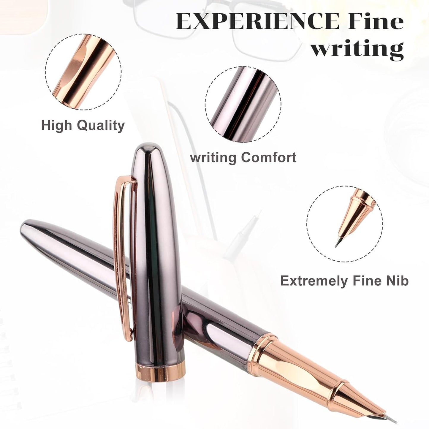 Metal Black Fountain Pen Set, 0.38Mm Fine Nib Fountain Pen with 10 3.4Mm Ink Cartridges and 1 Converter Smooth Writing Luxury Calligraphy Pen Office School Supplies Gift(Grey)
