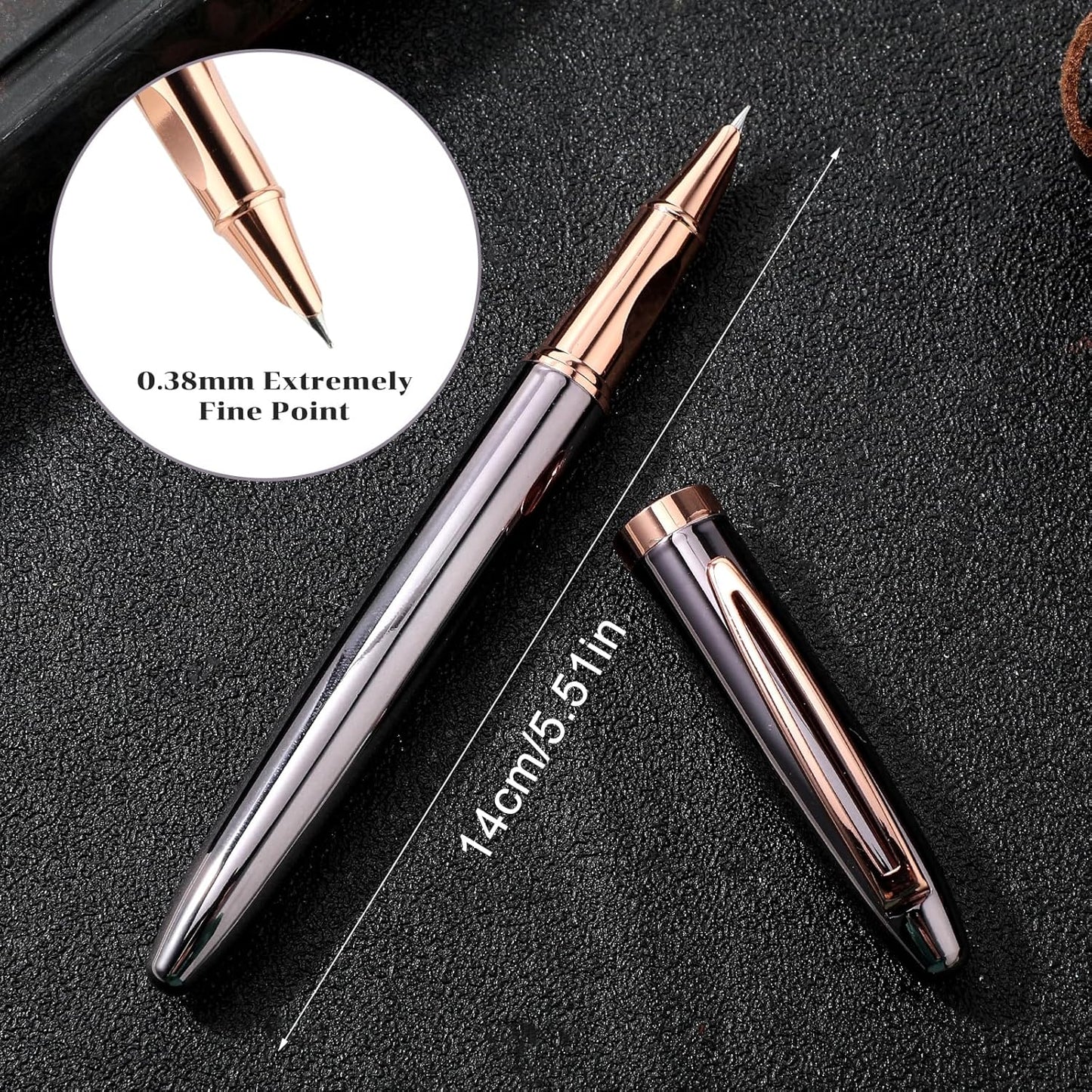 Metal Black Fountain Pen Set, 0.38Mm Fine Nib Fountain Pen with 10 3.4Mm Ink Cartridges and 1 Converter Smooth Writing Luxury Calligraphy Pen Office School Supplies Gift(Grey)
