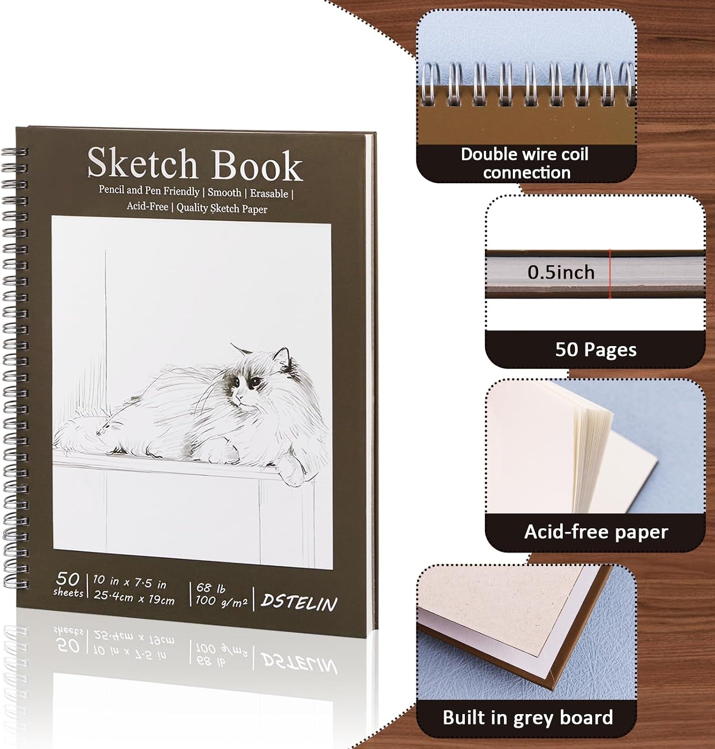 10 X 7.5 Inch Spiral Bound Sketch Book for Drawing, 50 Sheets 68LB/100GSM Acid-Free Paper, Hardcover Sketch Pad for Students and Adults