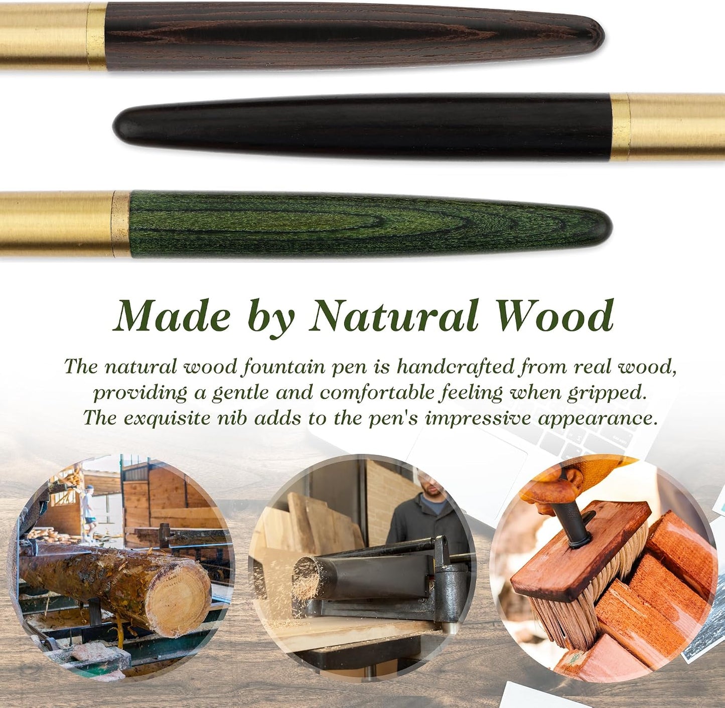 Handcrafted Wooden Fountain Pens Set, Vintage Luxury Wood Fountain Pen 0.5Mm Fine Point Smooth Writing Pen with 12 Ink 2.6 Mm Cartridges and Gift Box for Journaling Calligraphy Supplies(D)