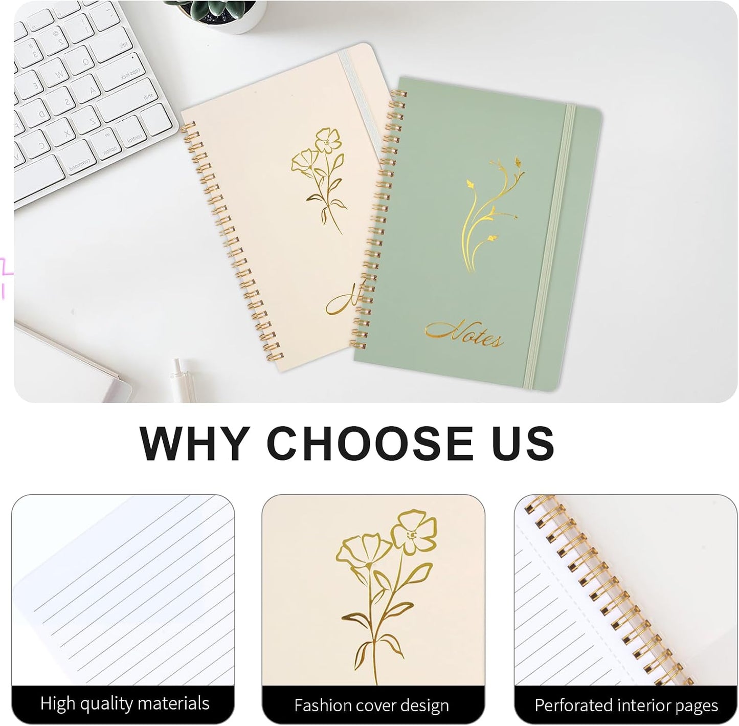 Aesthetic Spiral Notebook, 2PCS Cute Notebook, 8.3" X 6" Notebook for Women, A5 Spiral Journal Notebook for Office/School/Home (Green & Beige)