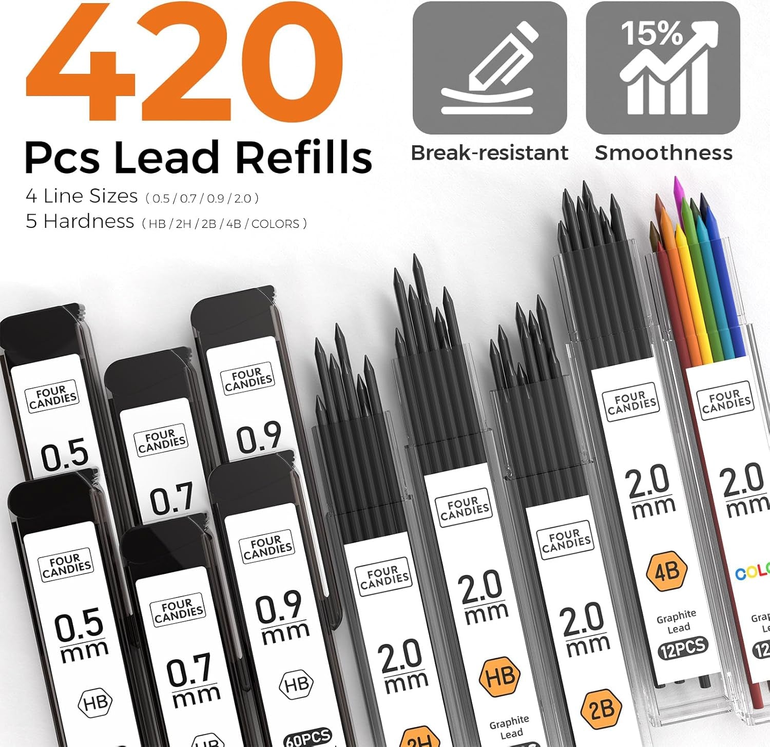 Metal Mechanical Pencil Set, 3PCS Art Drafting Pencils 0.5, 0.7, 0.9MM & 2PCS 2MM Mechanical Drawing Pencils with 420PCS Leads (4B 2B HB 2H Color) for Writing Sketching Drawing (Silver)