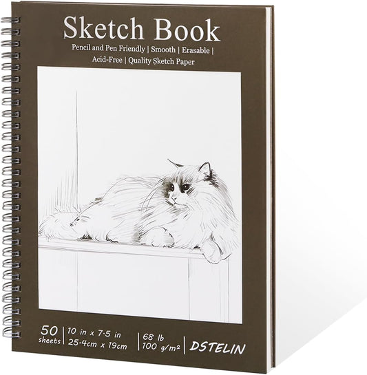 10 X 7.5 Inch Spiral Bound Sketch Book for Drawing, 50 Sheets 68LB/100GSM Acid-Free Paper, Hardcover Sketch Pad for Students and Adults