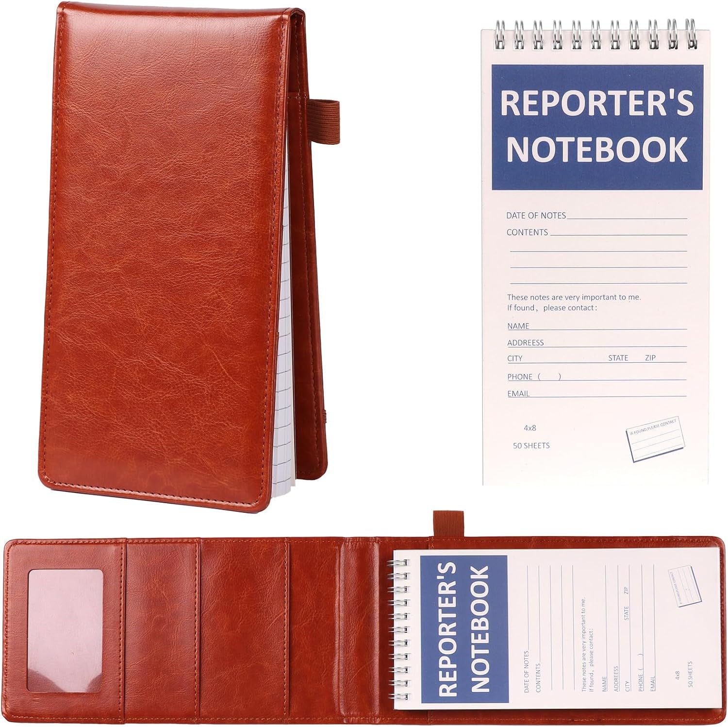 Reporters Notebook Cover Puleather Notepad and Pen Holder Set with Tops Reporters Notebook Steno Notebook Cover Flip Notepad Holder Fit 4 * 8 Inch Spiral Notebooks for Journalists (Brown)