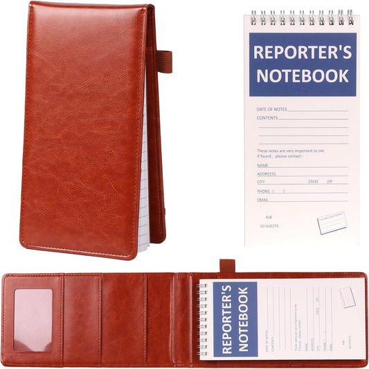 Reporters Notebook Cover Puleather Notepad and Pen Holder Set with Tops Reporters Notebook Steno Notebook Cover Flip Notepad Holder Fit 4 * 8 Inch Spiral Notebooks for Journalists (Brown)