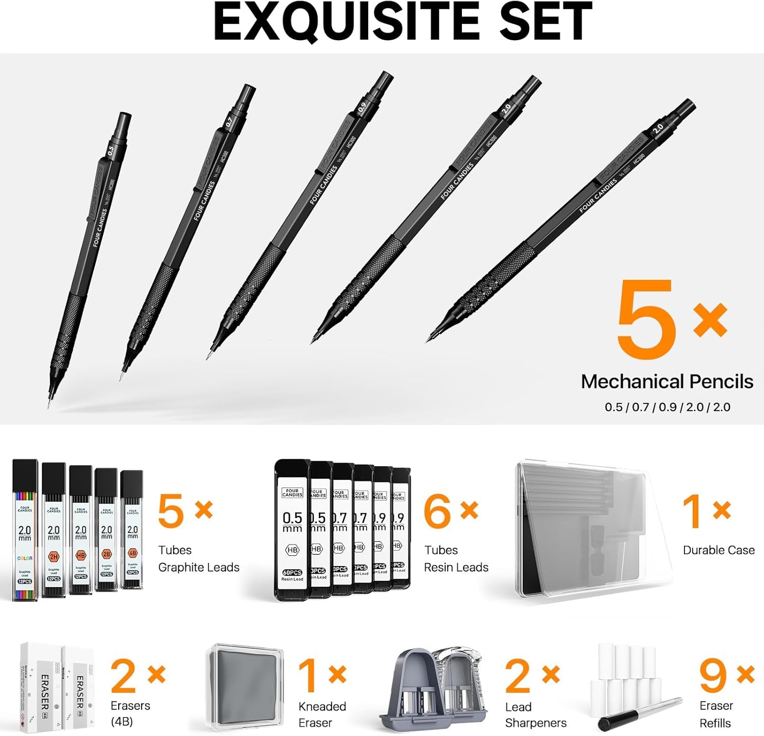 Metal Mechanical Pencil Set, 3PCS Art Drafting Pencils 0.5, 0.7, 0.9MM & 2PCS 2MM Mechanical Drawing Pencils with 420PCS Leads (4B 2B HB 2H Color) for Writing Sketching Drawing (Black)