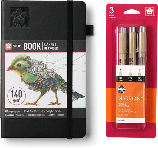A5 Sketchbook & Pigma Micron Bundle - Japanese-Inspired Stationery Bundle for Illustration Work - A5 Sketchbook with 140 GSM Paper - Artist Gift Set - 3-Pack Fineliner Pen Set - 5.1 X 8.3"