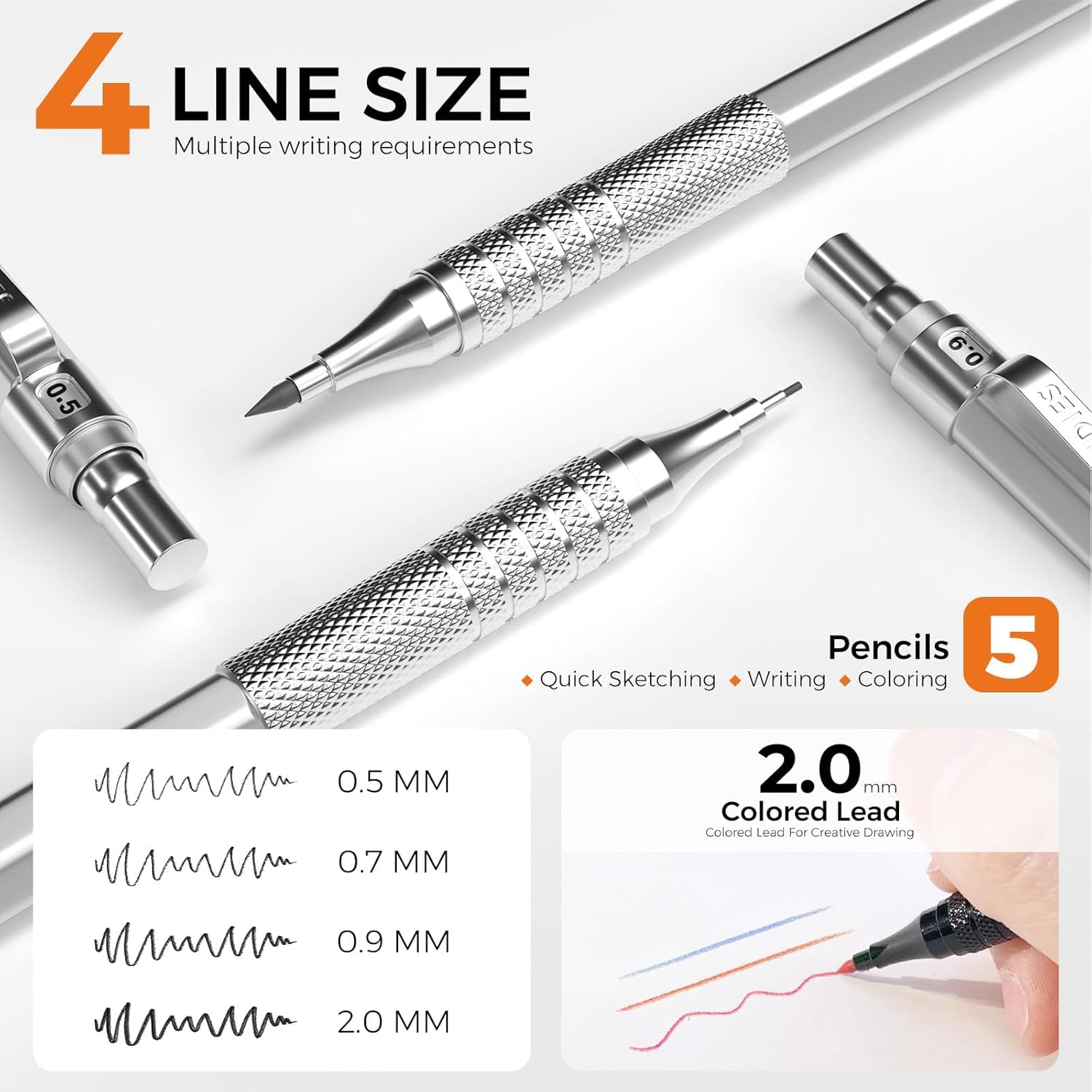 Metal Mechanical Pencil Set, 3PCS Art Drafting Pencils 0.5, 0.7, 0.9MM & 2PCS 2MM Mechanical Drawing Pencils with 420PCS Leads (4B 2B HB 2H Color) for Writing Sketching Drawing (Silver)
