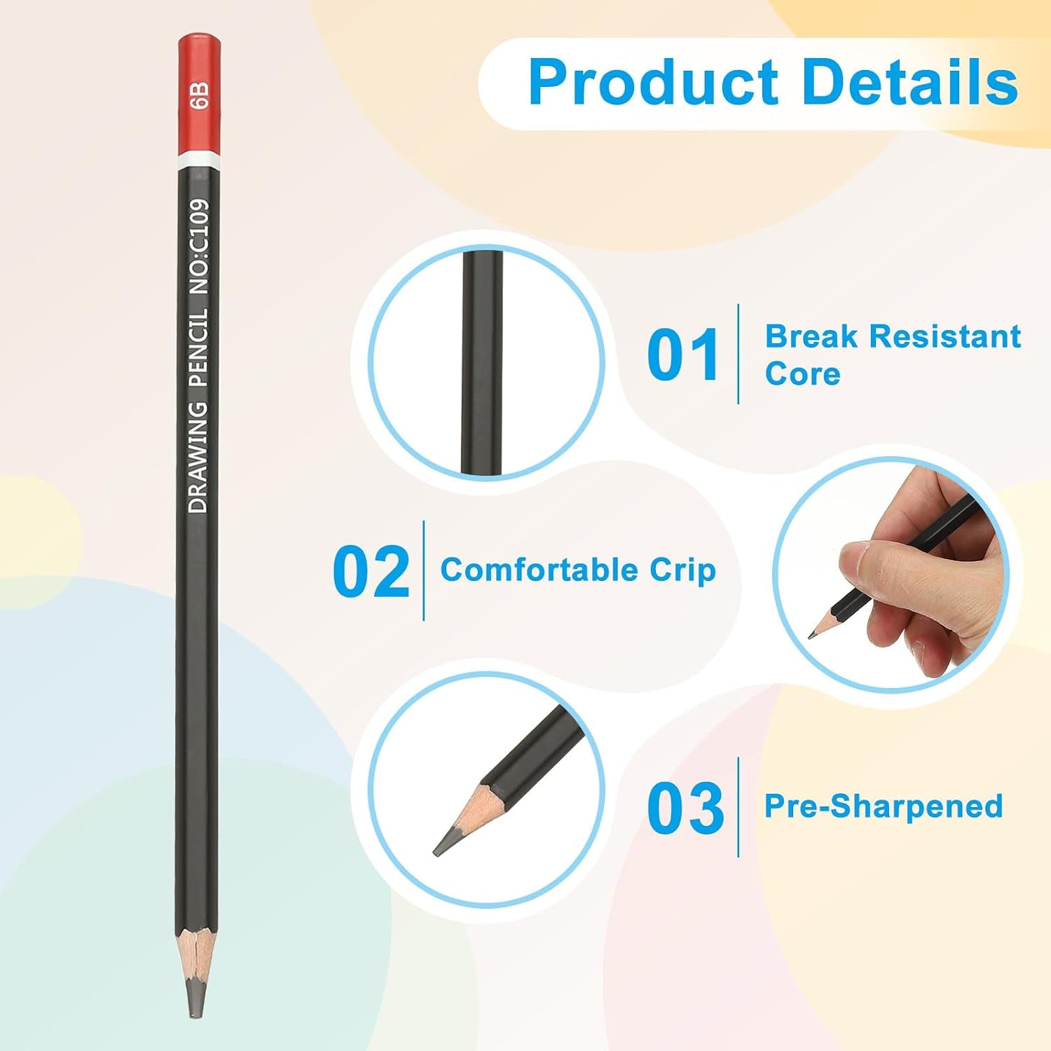 6B Drawing Pencils for Sketching, 12PCS Sketch Pencils for Drawing Art Pencils Graphite Wood Pre-Sharpened for Drawing Sketching Artists, 6B Pencils Black Red Rod
