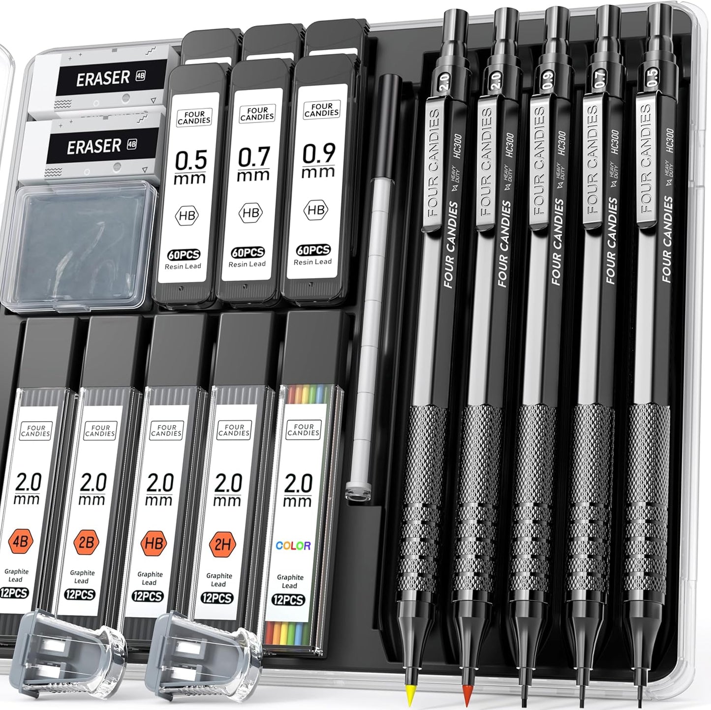 Metal Mechanical Pencil Set, 3PCS Art Drafting Pencils 0.5, 0.7, 0.9MM & 2PCS 2MM Mechanical Drawing Pencils with 420PCS Leads (4B 2B HB 2H Color) for Writing Sketching Drawing (Black)