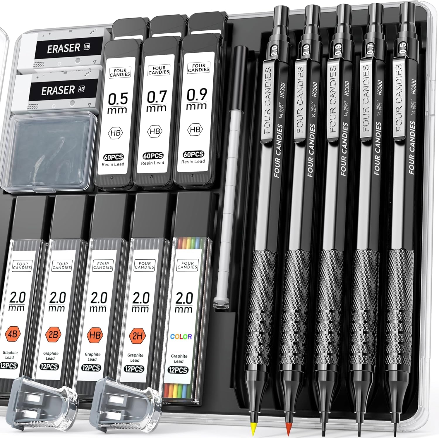 Metal Mechanical Pencil Set, 3PCS Art Drafting Pencils 0.5, 0.7, 0.9MM & 2PCS 2MM Mechanical Drawing Pencils with 420PCS Leads (4B 2B HB 2H Color) for Writing Sketching Drawing (Black)