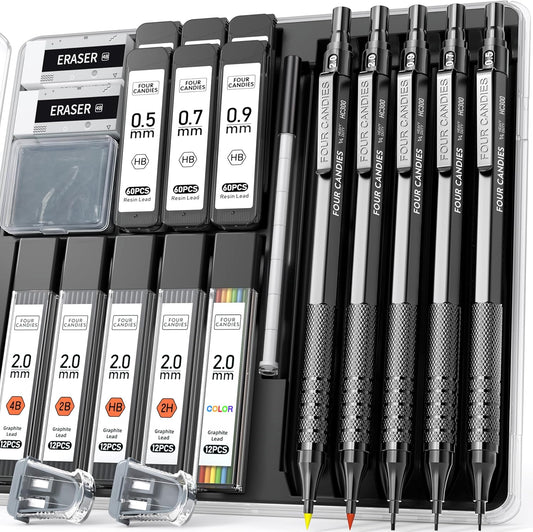 Metal Mechanical Pencil Set, 3PCS Art Drafting Pencils 0.5, 0.7, 0.9MM & 2PCS 2MM Mechanical Drawing Pencils with 420PCS Leads (4B 2B HB 2H Color) for Writing Sketching Drawing (Black)