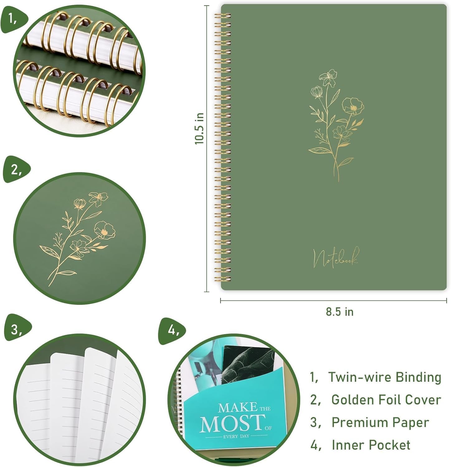 Spiral Notebook - College Ruled Notebook, Notebook Journal, 8.5'' X 10.5'', 55 Sheets/110 Pages, Journal for Women, Journal with Spiral Bound, Inner Pocket, Notebook for Office/School/Home - Green