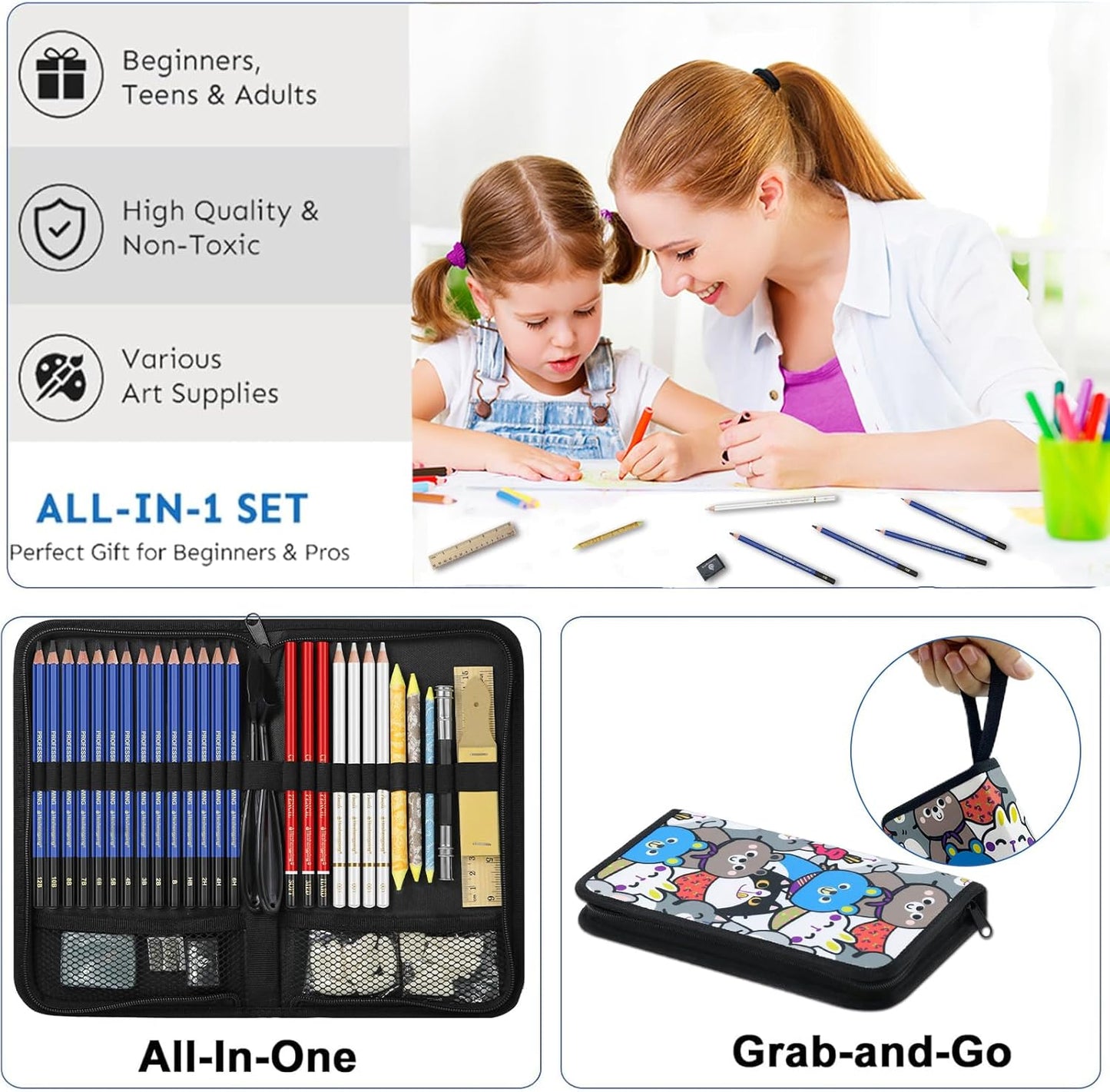 53 PCS Drawing Kit Sketching Pencil Set, Sketch Pencils Art Supplies with Graphite, Charcoal, Blending Tools, Drawing Pencils for Artists Adults Beginner Family Friends