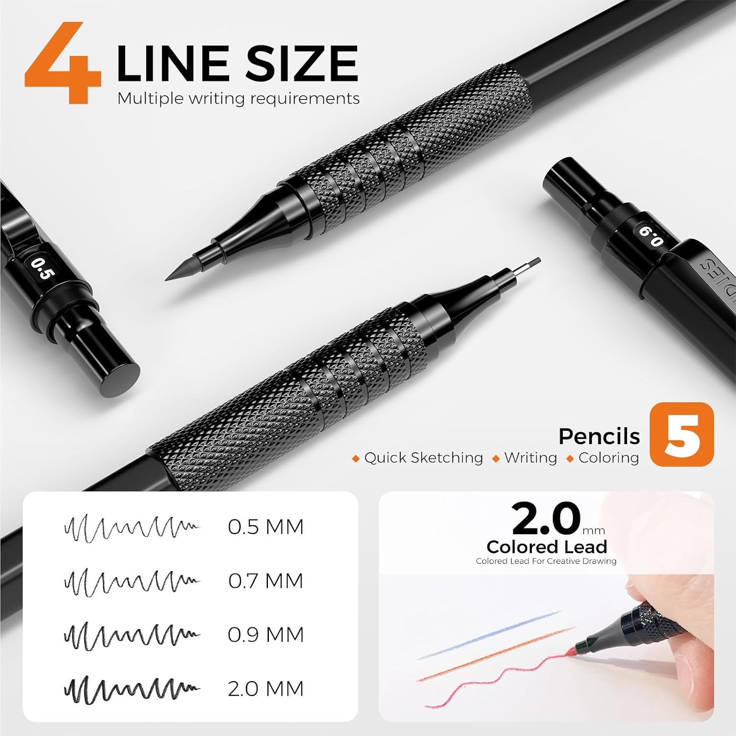 Metal Mechanical Pencil Set, 3PCS Art Drafting Pencils 0.5, 0.7, 0.9MM & 2PCS 2MM Mechanical Drawing Pencils with 420PCS Leads (4B 2B HB 2H Color) for Writing Sketching Drawing (Black)