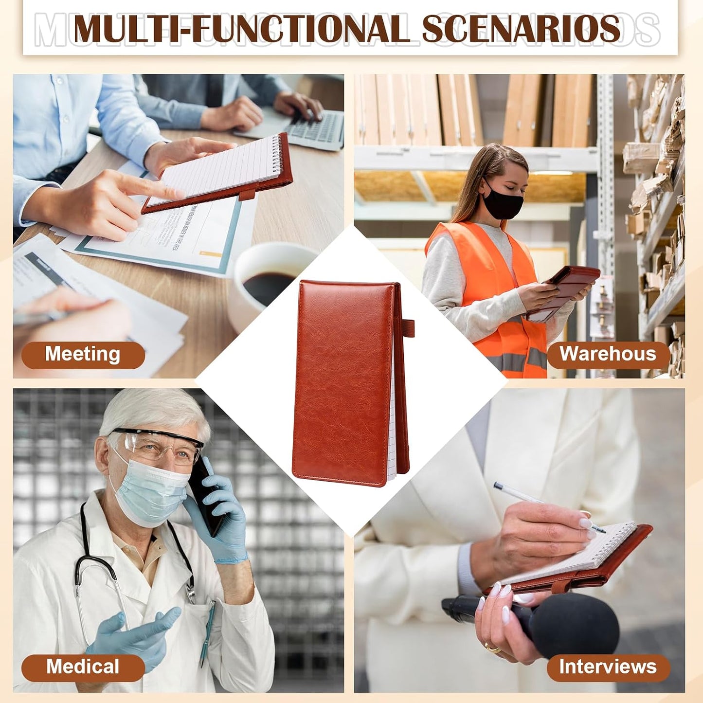 Reporters Notebook Cover Puleather Notepad and Pen Holder Set with Tops Reporters Notebook Steno Notebook Cover Flip Notepad Holder Fit 4 * 8 Inch Spiral Notebooks for Journalists (Brown)