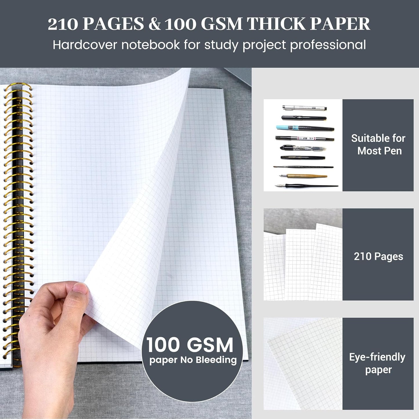 8.5 X 11 Large Graph Notebook Journal Spiral Graph Grid Notebook 210 Pages Hardcover Graph Notebook Engineering Paper Notebook Graphing Notebook for Men Women, Black