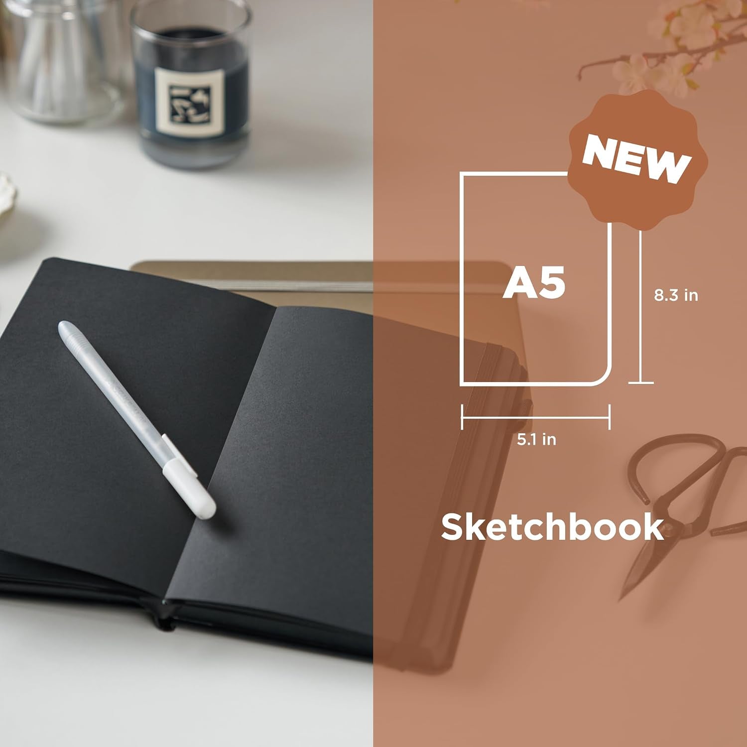 Sketchbook A5 - Drawing Sketchbook for Visual Journaling, Effortless Sketching & Personal Use - 140 GSM Paper - Hardcover Hardcover - 160 Pages - 5.1 X 8.3" - Black - Black Paper