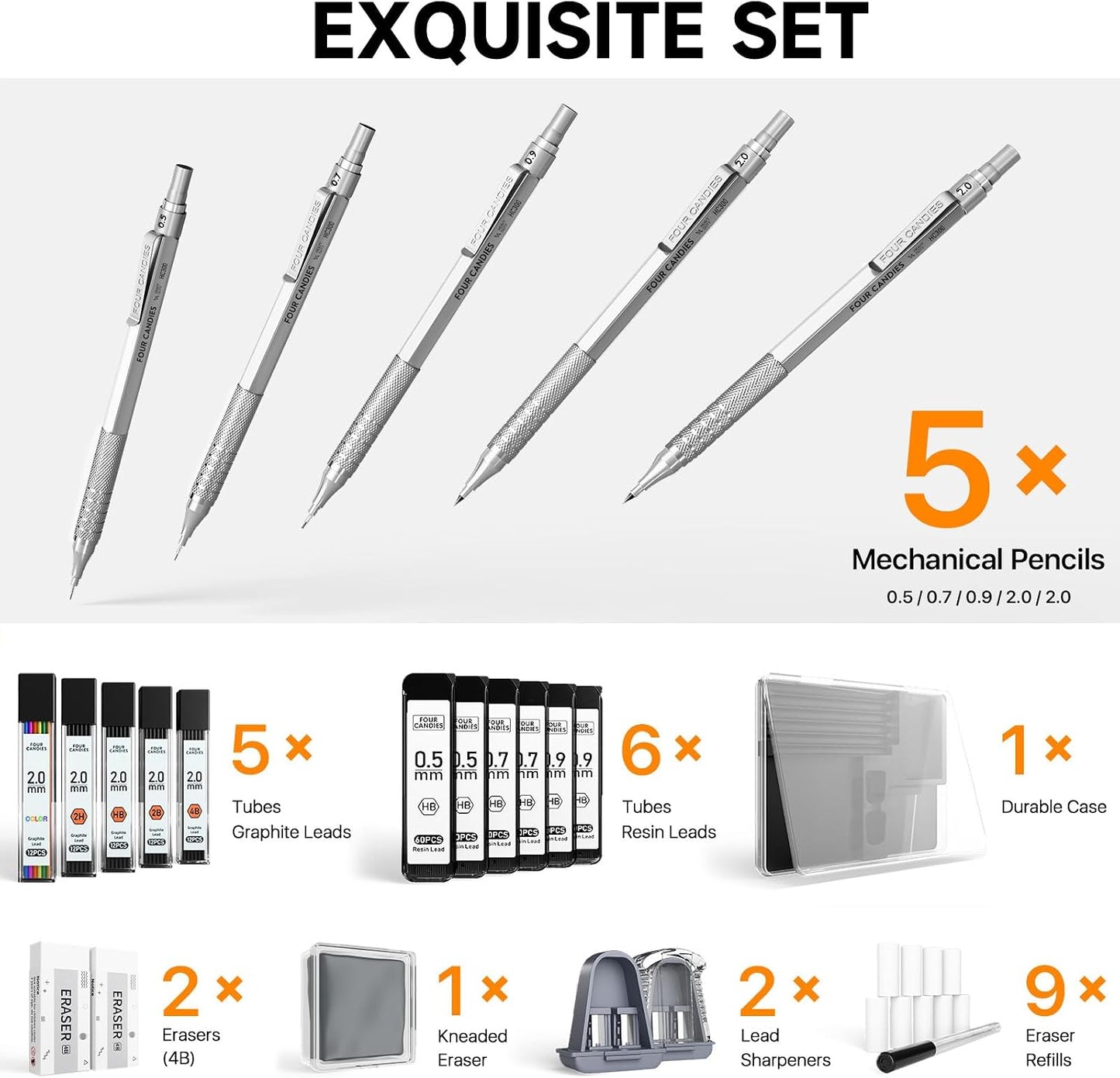 Metal Mechanical Pencil Set, 3PCS Art Drafting Pencils 0.5, 0.7, 0.9MM & 2PCS 2MM Mechanical Drawing Pencils with 420PCS Leads (4B 2B HB 2H Color) for Writing Sketching Drawing (Silver)