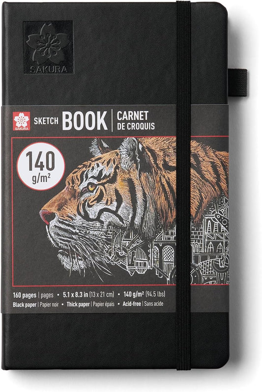 Sketchbook A5 - Drawing Sketchbook for Visual Journaling, Effortless Sketching & Personal Use - 140 GSM Paper - Hardcover Hardcover - 160 Pages - 5.1 X 8.3" - Black - Black Paper