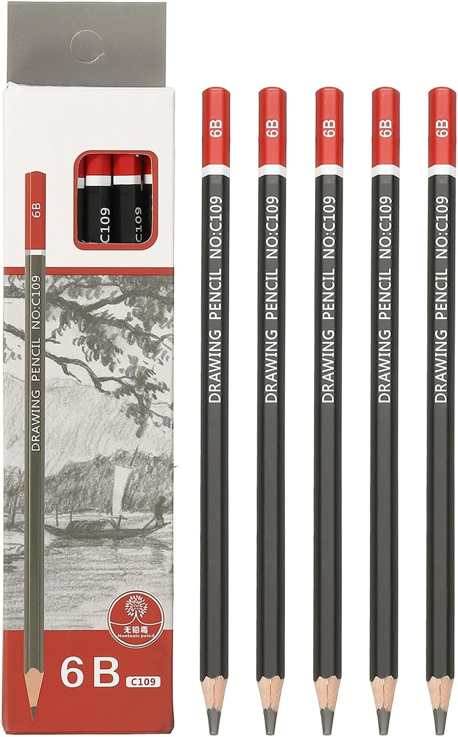 6B Drawing Pencils for Sketching, 12PCS Sketch Pencils for Drawing Art Pencils Graphite Wood Pre-Sharpened for Drawing Sketching Artists, 6B Pencils Black Red Rod