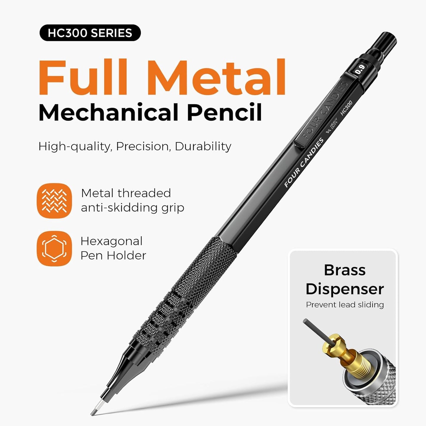 Metal Mechanical Pencil Set, 3PCS Art Drafting Pencils 0.5, 0.7, 0.9MM & 2PCS 2MM Mechanical Drawing Pencils with 420PCS Leads (4B 2B HB 2H Color) for Writing Sketching Drawing (Black)