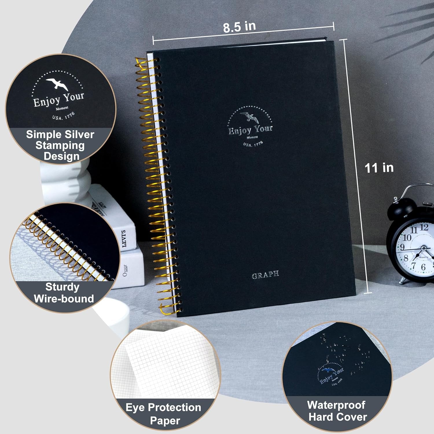 8.5 X 11 Large Graph Notebook Journal Spiral Graph Grid Notebook 210 Pages Hardcover Graph Notebook Engineering Paper Notebook Graphing Notebook for Men Women, Black