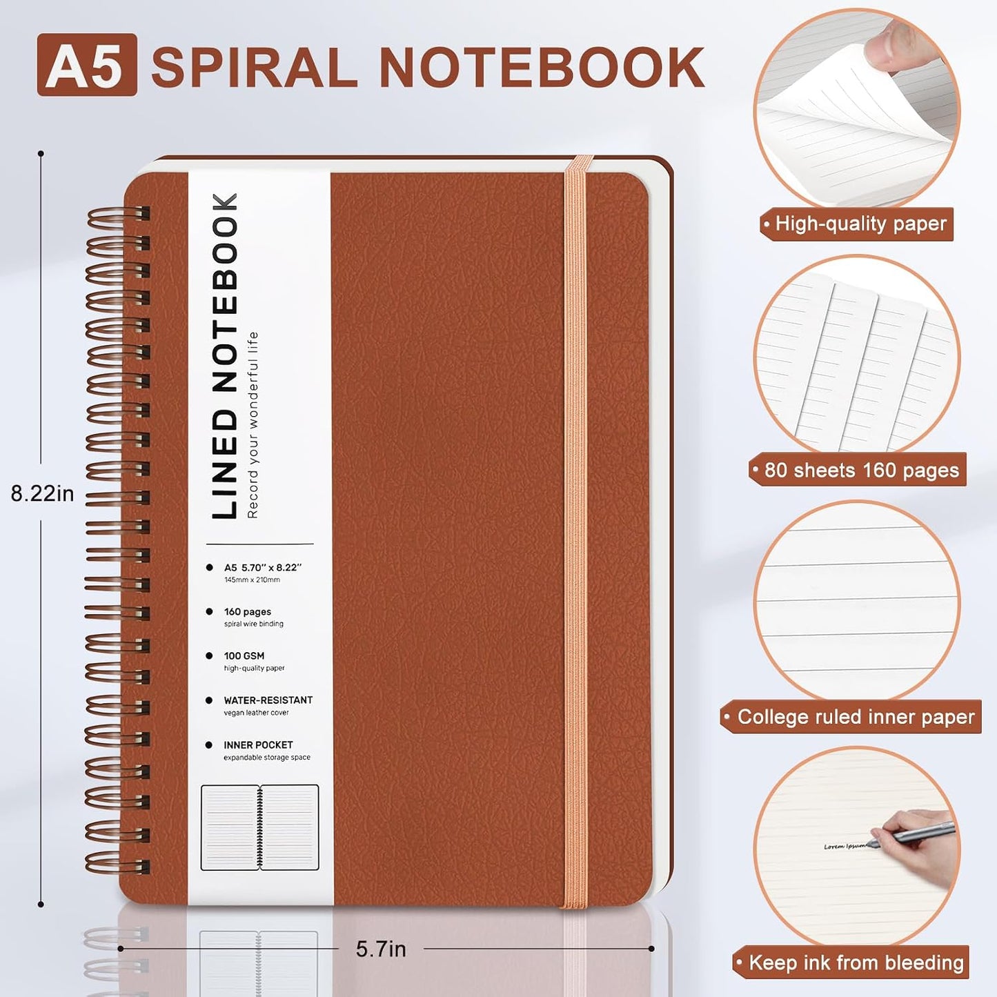 Lined Spiral Journal Notebook with 160 Pages, 8×5.7In, A5 Spiral Notebook, Journaling Notebooks for Work, School, Women, Men, College Ruled Spiral Notebook, Hardcover Leather Journals, Brown