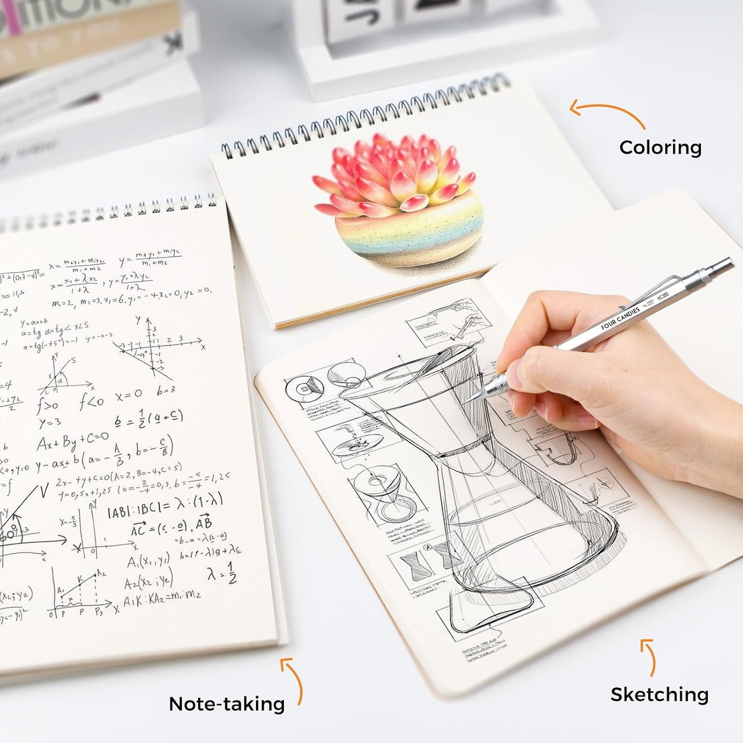 Metal Mechanical Pencil Set, 3PCS Art Drafting Pencils 0.5, 0.7, 0.9MM & 2PCS 2MM Mechanical Drawing Pencils with 420PCS Leads (4B 2B HB 2H Color) for Writing Sketching Drawing (Silver)