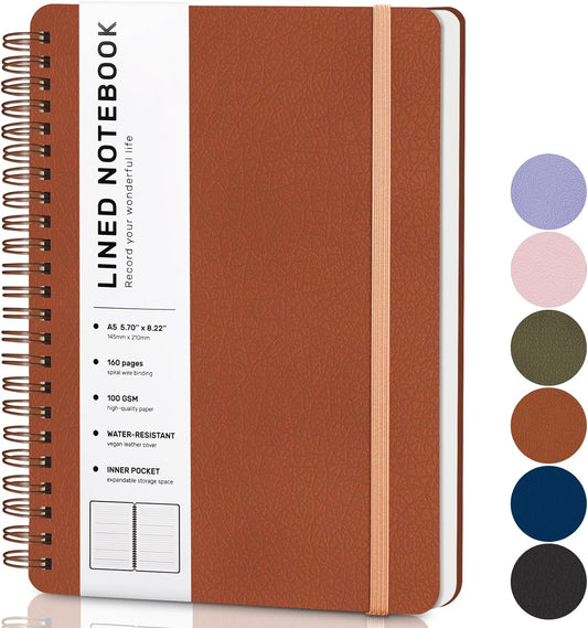 Lined Spiral Journal Notebook with 160 Pages, 8×5.7In, A5 Spiral Notebook, Journaling Notebooks for Work, School, Women, Men, College Ruled Spiral Notebook, Hardcover Leather Journals, Brown