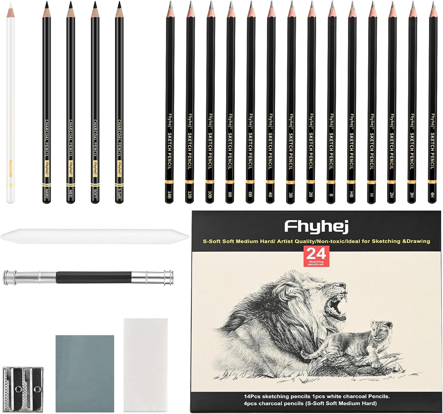 24-Piece Drawing Pencil Set - 14 Graphite Sketch Pencils (14B-4H), 4 Charcoal Pencils, White Charcoal Pencil & Art Supplies, Sketch Pencils for Drawing, Shading, Sketching for Beginners & Artists