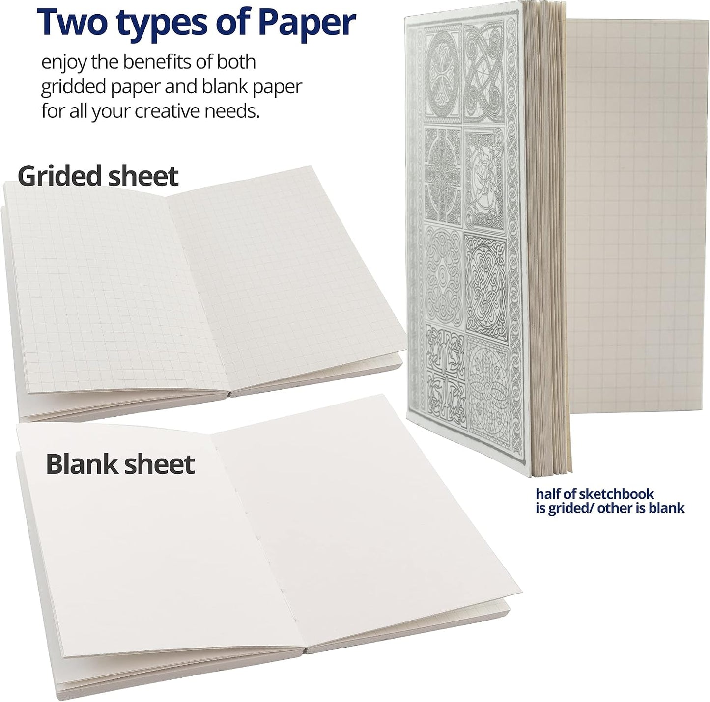 Layflat Sketchbook - 3.75 X 5.3 Inches - Celtic Blank Note Book, 64 Sheets, Thick 100Gsm Paper, for Drawing, Sketching, and Journaling, 32 Blank and 32 Gridded