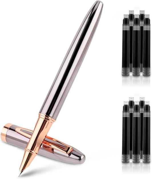 Metal Black Fountain Pen Set, 0.38Mm Fine Nib Fountain Pen with 10 3.4Mm Ink Cartridges and 1 Converter Smooth Writing Luxury Calligraphy Pen Office School Supplies Gift(Grey)