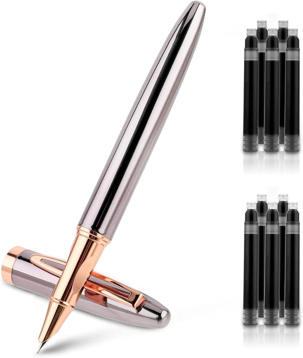 Metal Black Fountain Pen Set, 0.38Mm Fine Nib Fountain Pen with 10 3.4Mm Ink Cartridges and 1 Converter Smooth Writing Luxury Calligraphy Pen Office School Supplies Gift(Grey)