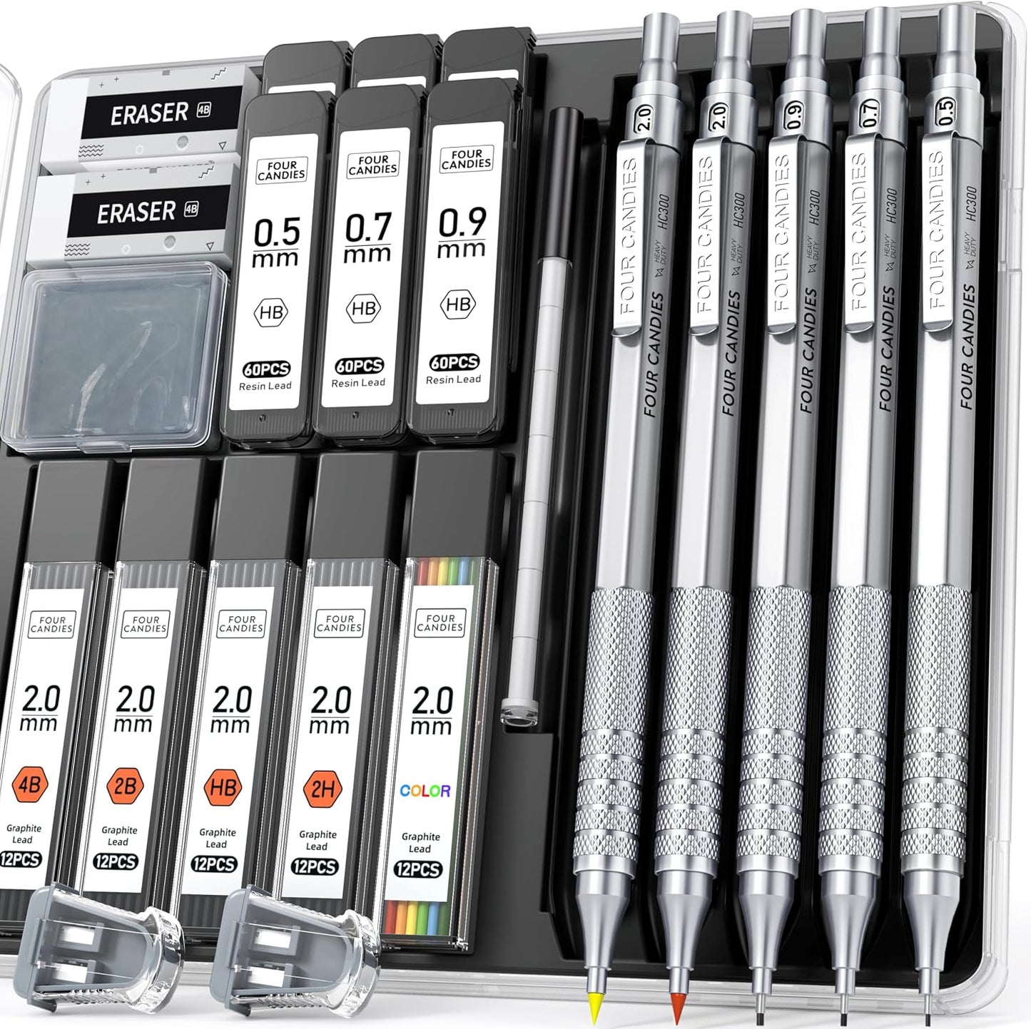 Metal Mechanical Pencil Set, 3PCS Art Drafting Pencils 0.5, 0.7, 0.9MM & 2PCS 2MM Mechanical Drawing Pencils with 420PCS Leads (4B 2B HB 2H Color) for Writing Sketching Drawing (Silver)