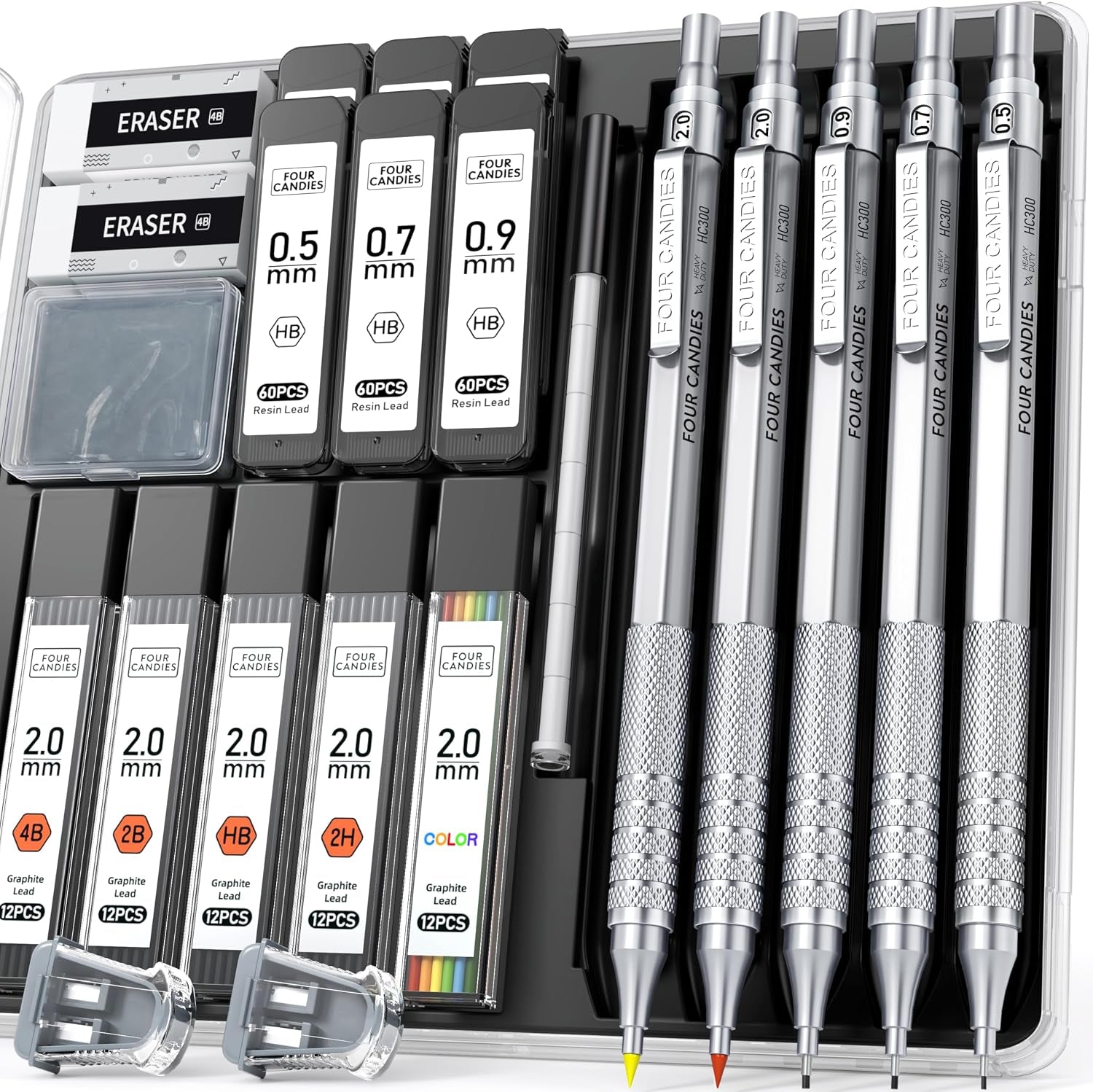Metal Mechanical Pencil Set, 3PCS Art Drafting Pencils 0.5, 0.7, 0.9MM & 2PCS 2MM Mechanical Drawing Pencils with 420PCS Leads (4B 2B HB 2H Color) for Writing Sketching Drawing (Silver)