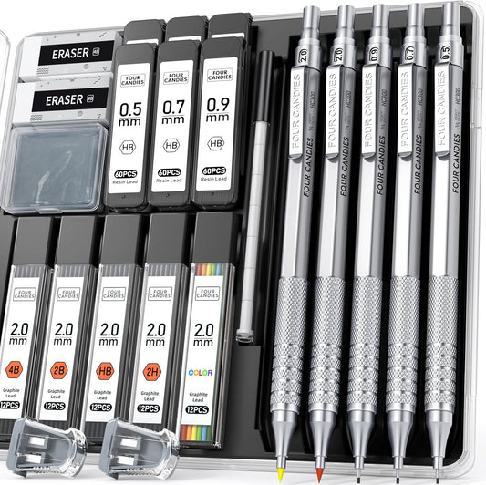 Metal Mechanical Pencil Set, 3PCS Art Drafting Pencils 0.5, 0.7, 0.9MM & 2PCS 2MM Mechanical Drawing Pencils with 420PCS Leads (4B 2B HB 2H Color) for Writing Sketching Drawing (Silver)