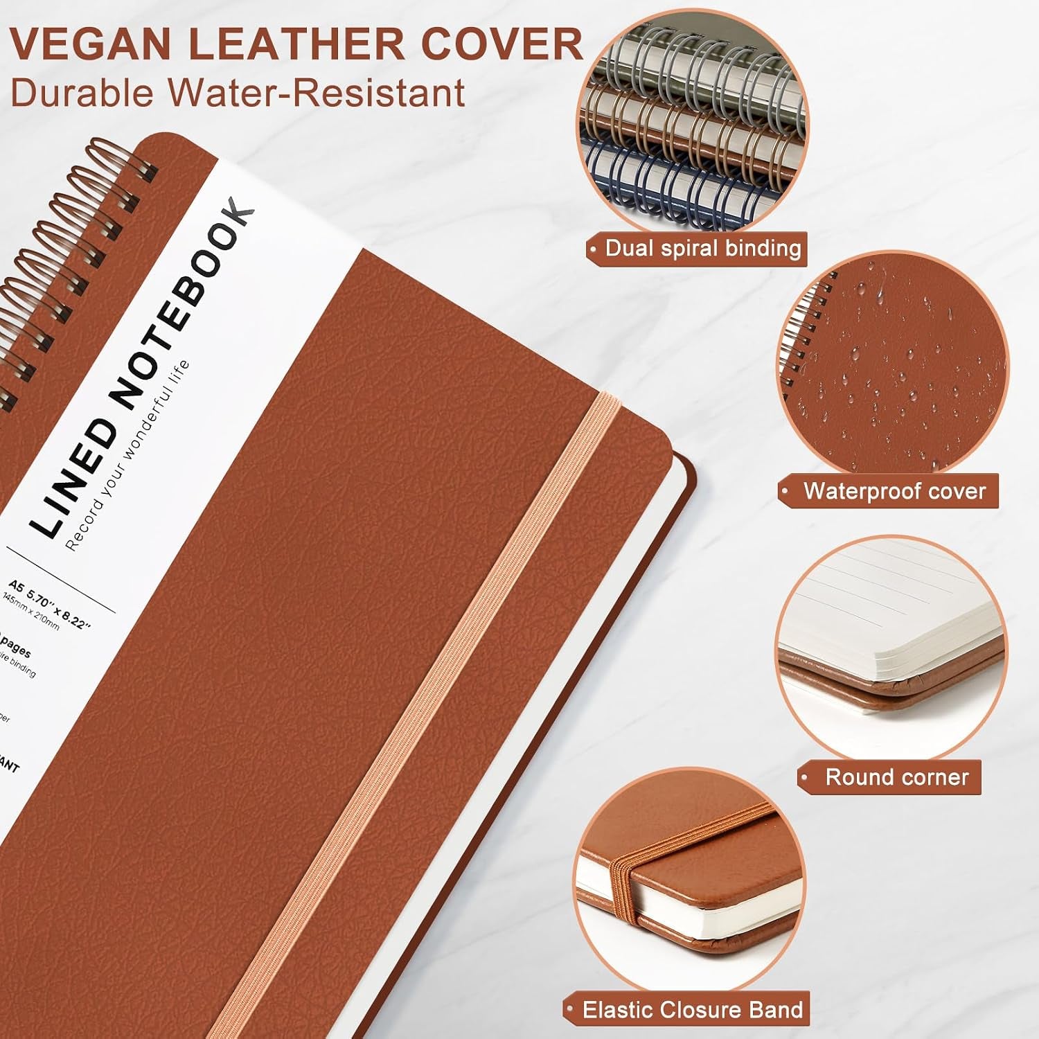 Lined Spiral Journal Notebook with 160 Pages, 8×5.7In, A5 Spiral Notebook, Journaling Notebooks for Work, School, Women, Men, College Ruled Spiral Notebook, Hardcover Leather Journals, Brown