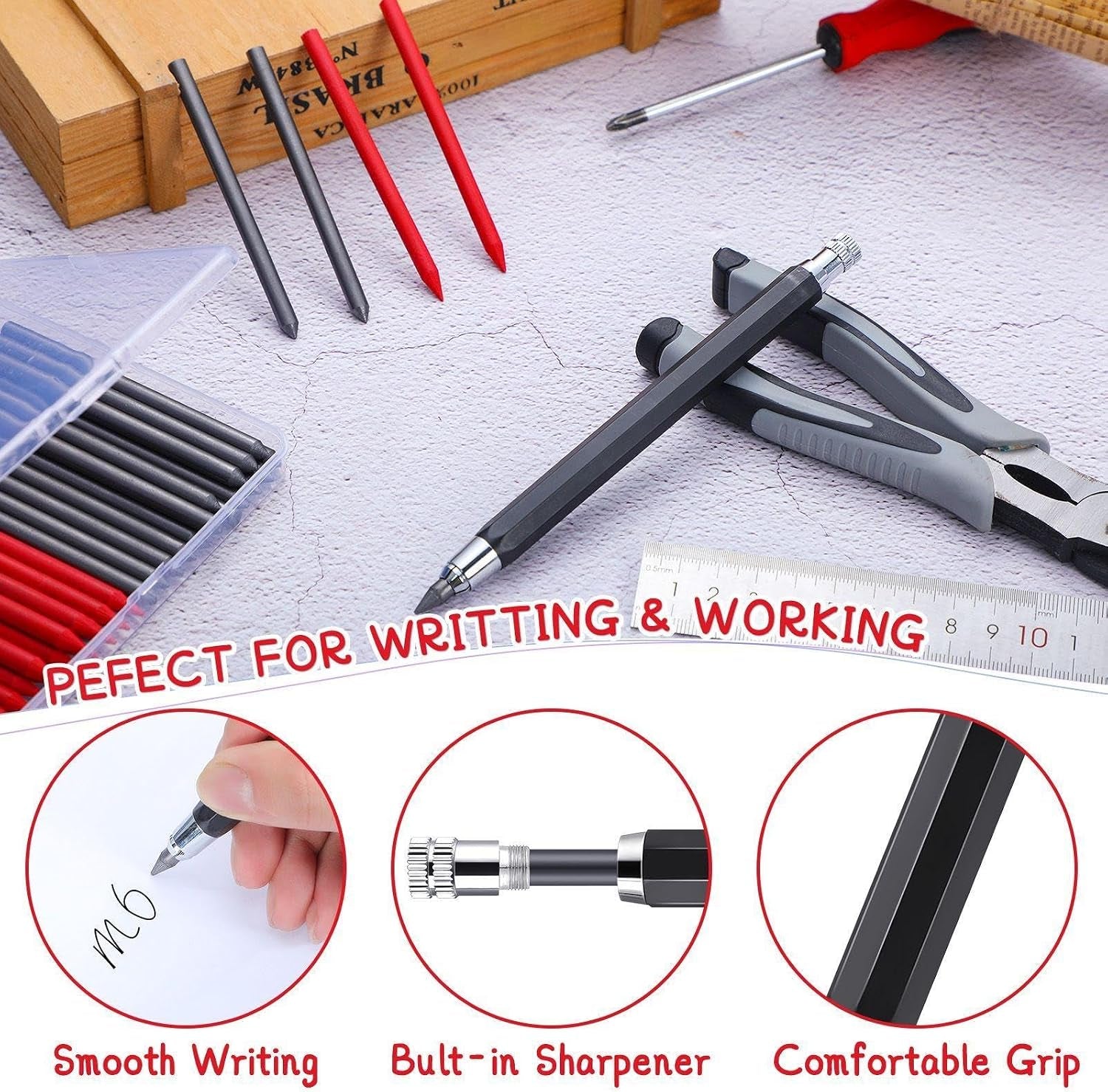 36 Pcs 5.6 MM Lead Holder Mechanical Pencil and Refills with 1 Automatic Clutch Graphite Pencil 18 Black and 18 Red Replacement for Construction, Draft Drawing, Crafting, Art Sketching, Wood Working