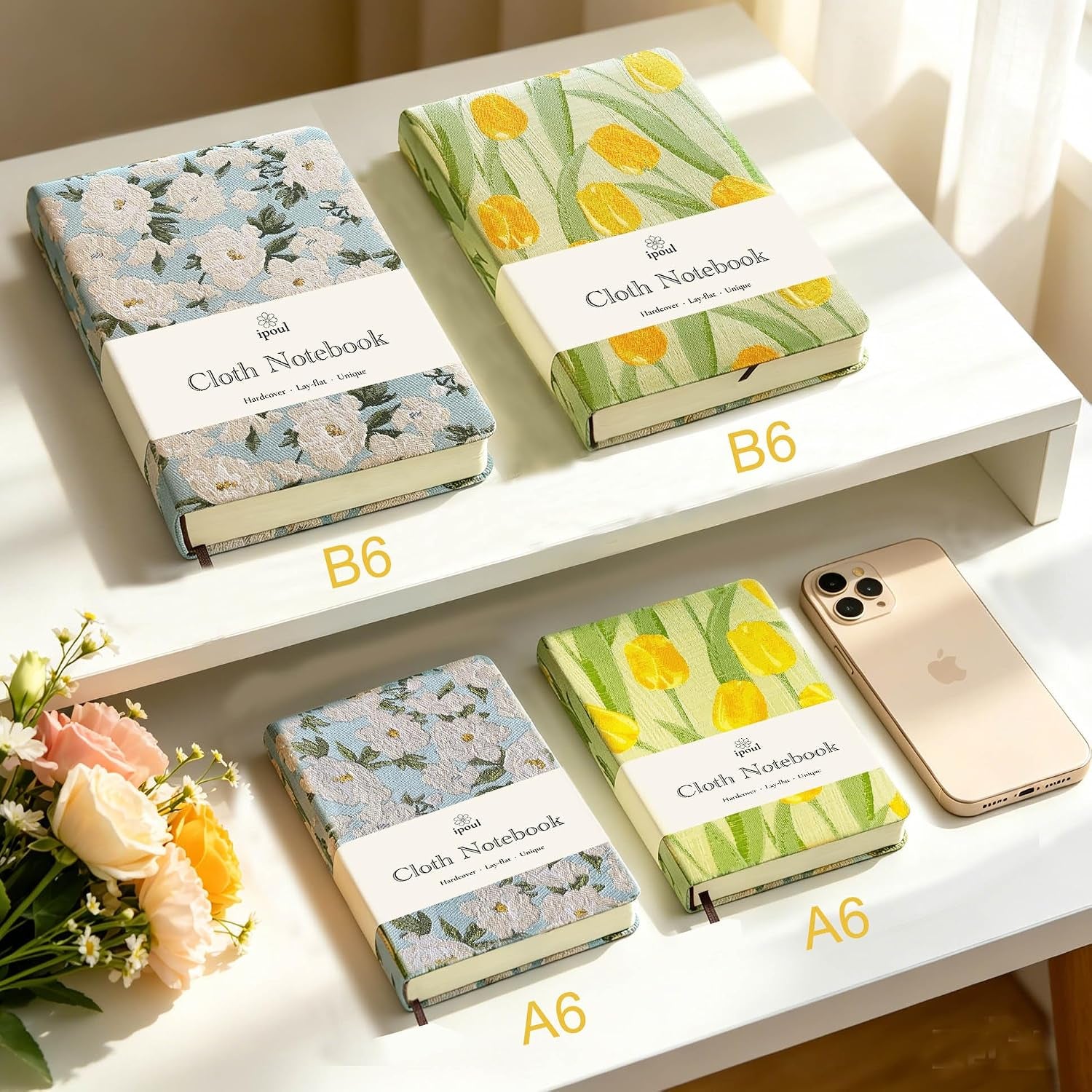Pocket Notebook, A6, 4X6, Small Embroidered Journal, Cute Notebook, Lay Flat, Hardcover, Lined Notebook & Sketchbook, Note Taking Notebook, Beautiful Journal for Women, Tulip Flower