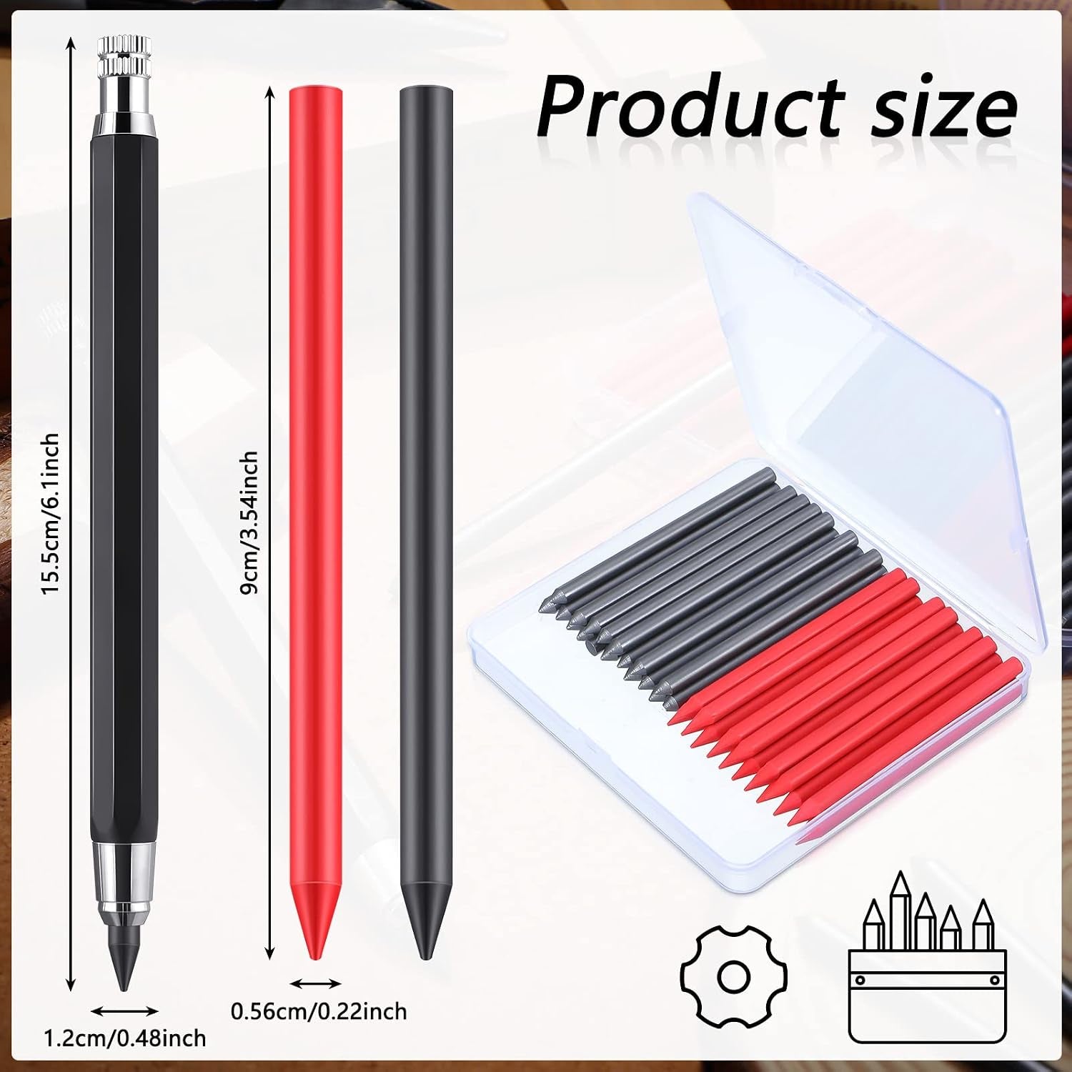 36 Pcs 5.6 MM Lead Holder Mechanical Pencil and Refills with 1 Automatic Clutch Graphite Pencil 18 Black and 18 Red Replacement for Construction, Draft Drawing, Crafting, Art Sketching, Wood Working