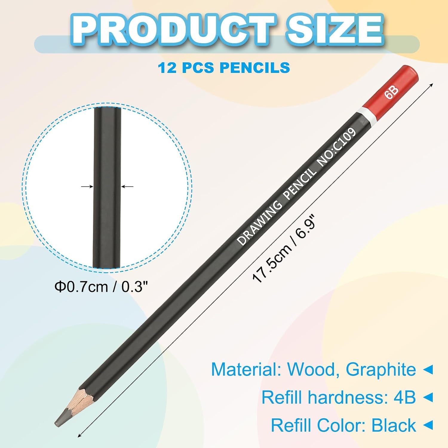 6B Drawing Pencils for Sketching, 12PCS Sketch Pencils for Drawing Art Pencils Graphite Wood Pre-Sharpened for Drawing Sketching Artists, 6B Pencils Black Red Rod
