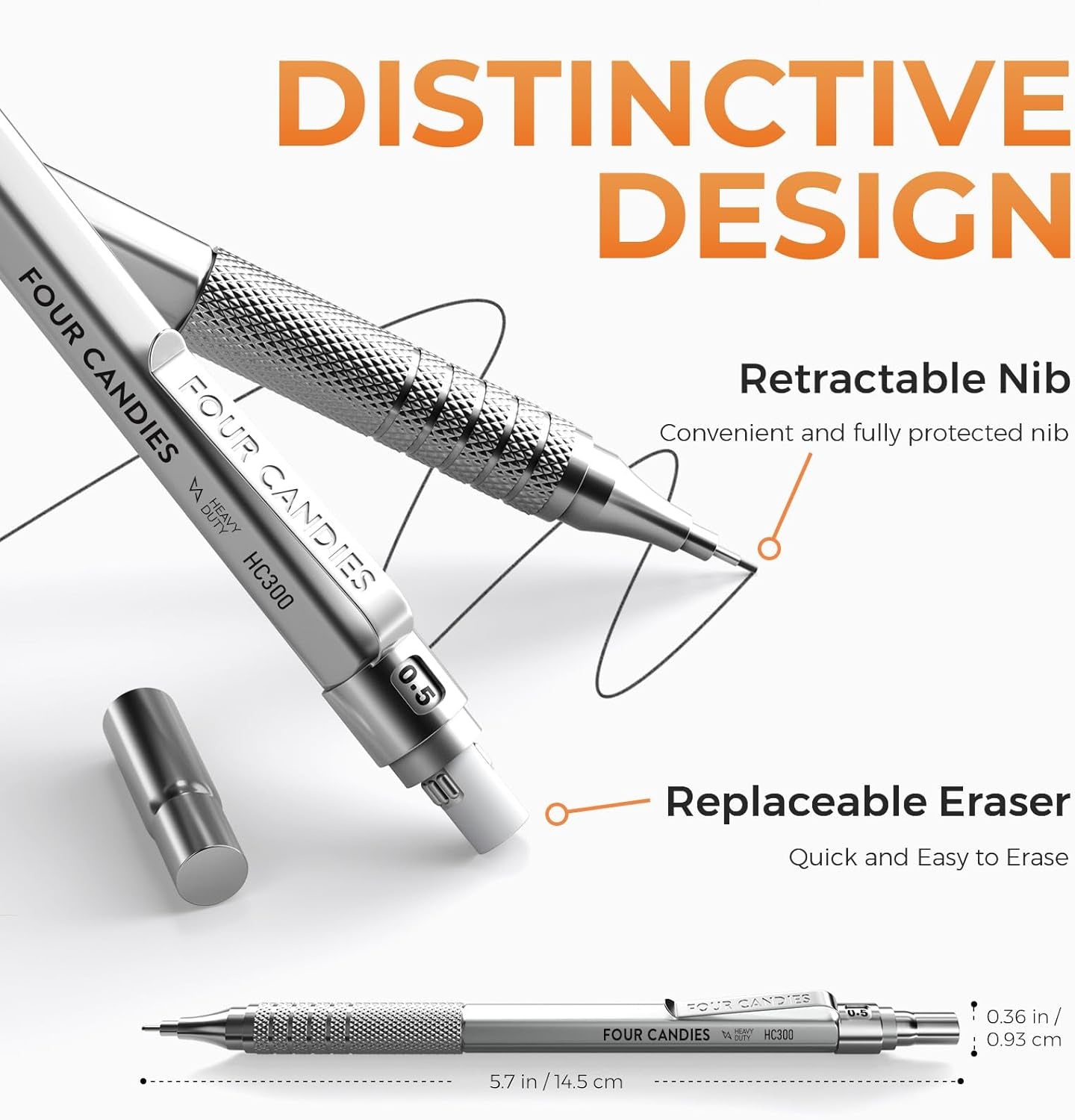 Metal Mechanical Pencil Set, 3PCS Art Drafting Pencils 0.5, 0.7, 0.9MM & 2PCS 2MM Mechanical Drawing Pencils with 420PCS Leads (4B 2B HB 2H Color) for Writing Sketching Drawing (Silver)