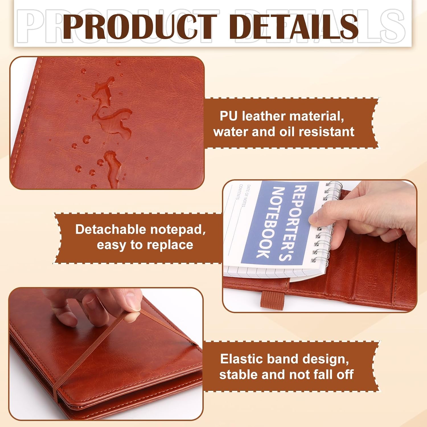 Reporters Notebook Cover Puleather Notepad and Pen Holder Set with Tops Reporters Notebook Steno Notebook Cover Flip Notepad Holder Fit 4 * 8 Inch Spiral Notebooks for Journalists (Brown)