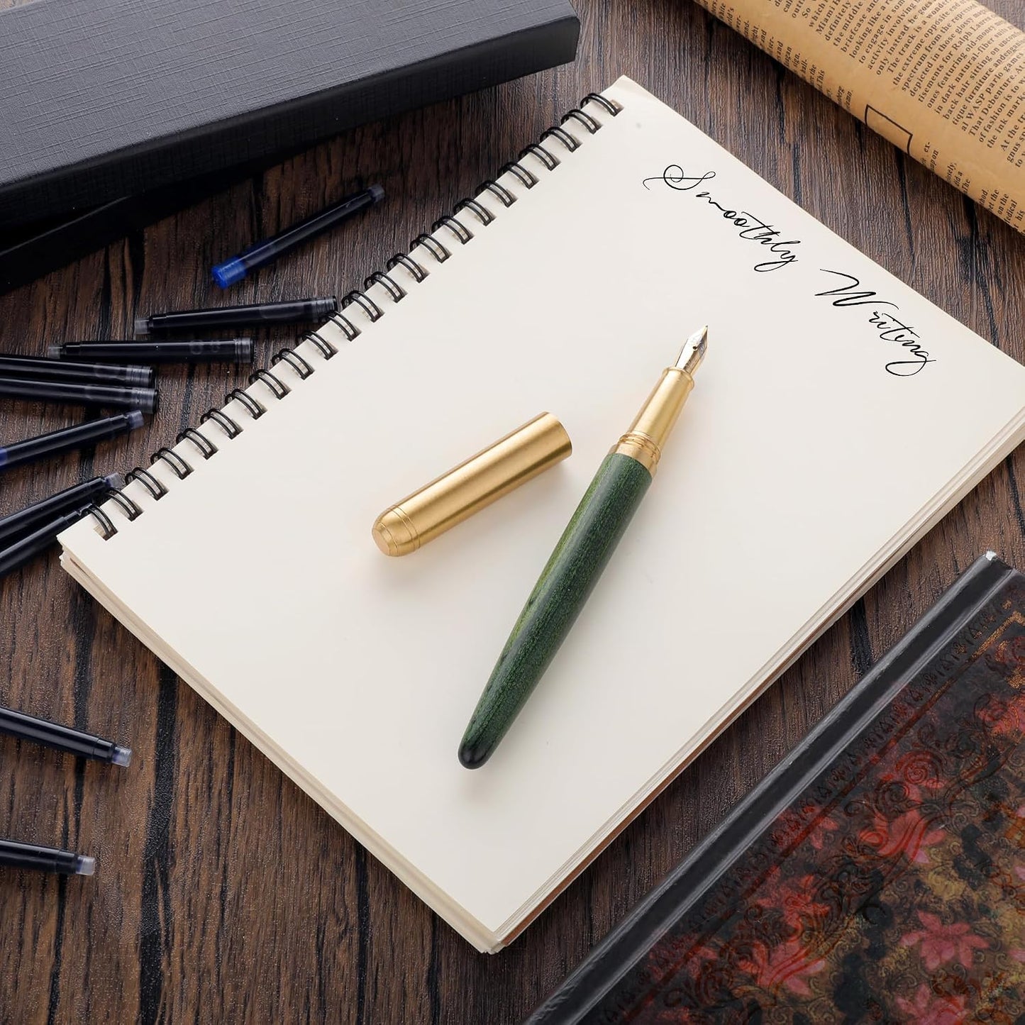 Handcrafted Wooden Fountain Pens Set, Vintage Luxury Wood Fountain Pen 0.5Mm Fine Point Smooth Writing Pen with 12 Ink 2.6 Mm Cartridges and Gift Box for Journaling Calligraphy Supplies(D)