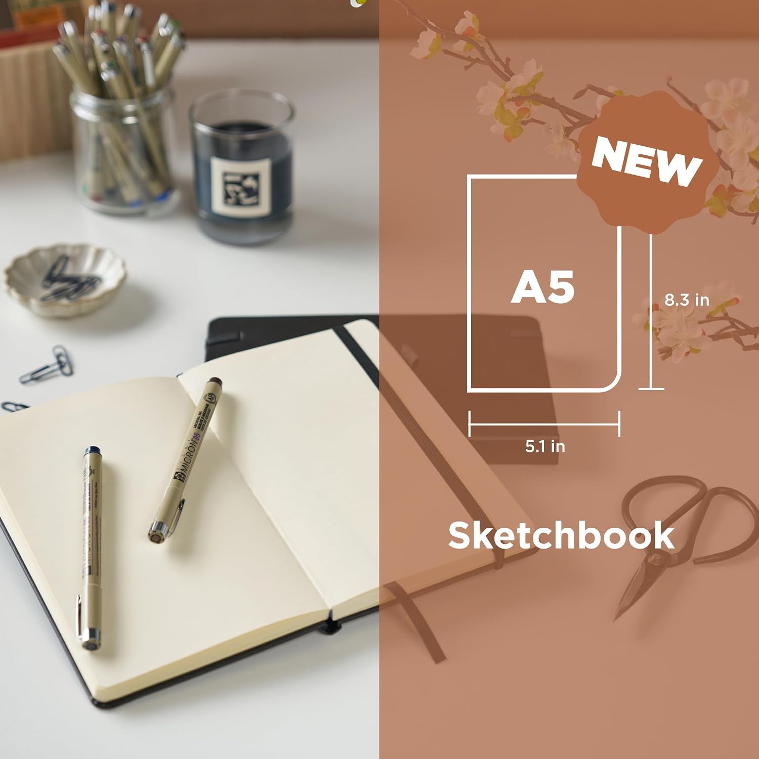 A5 Sketchbook & Pigma Micron Bundle - Japanese-Inspired Stationery Bundle for Illustration Work - A5 Sketchbook with 140 GSM Paper - Artist Gift Set - 3-Pack Fineliner Pen Set - 5.1 X 8.3"